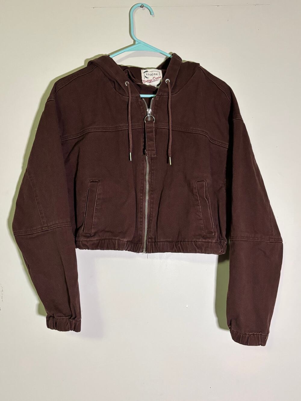 Stoosh Vintage Denim XL Brown Cropped Hooded Denim Jacket Y2K Zip Up